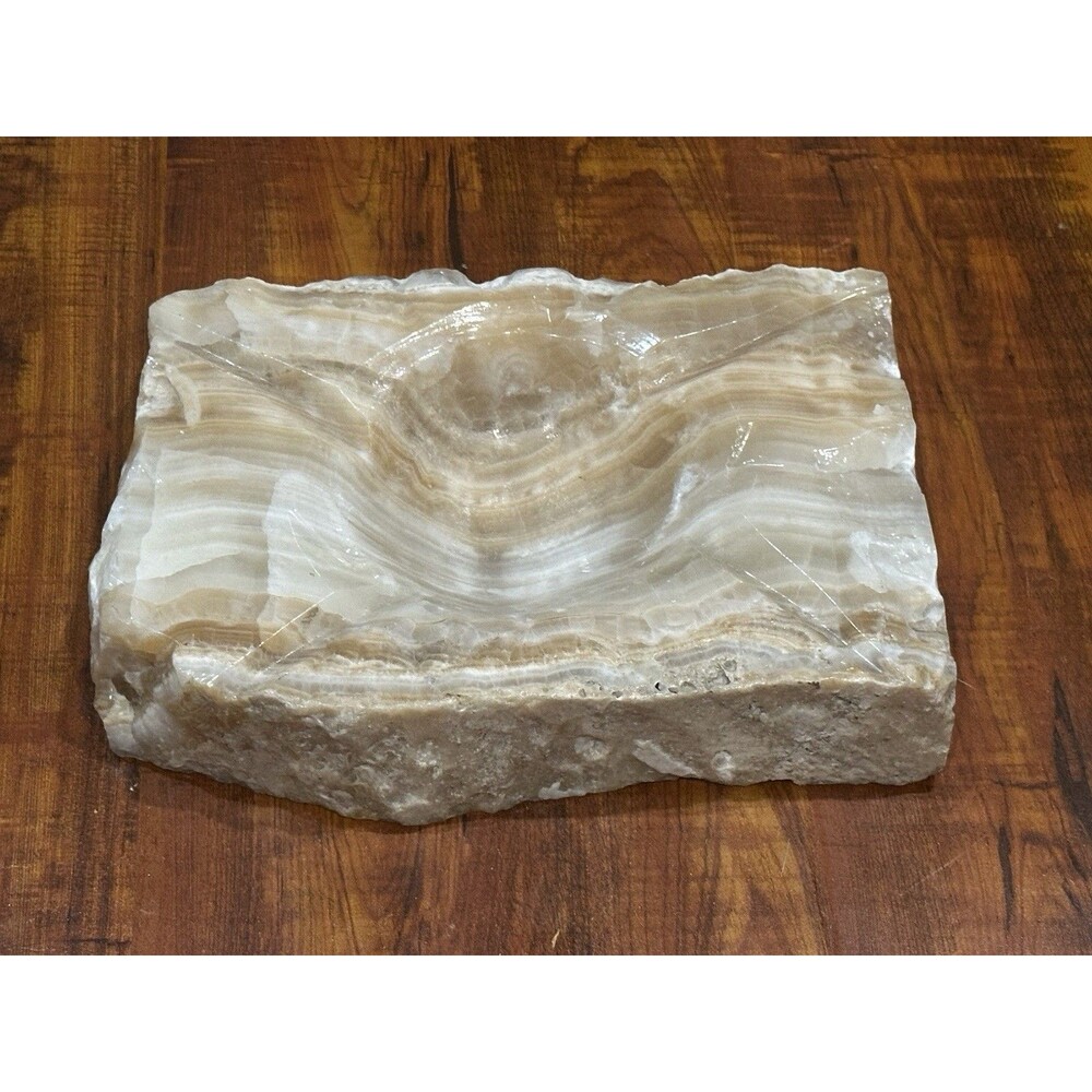 Vintage MCM Onyx Marble Heavy Stone Hand Carved 8x6” Ashtray